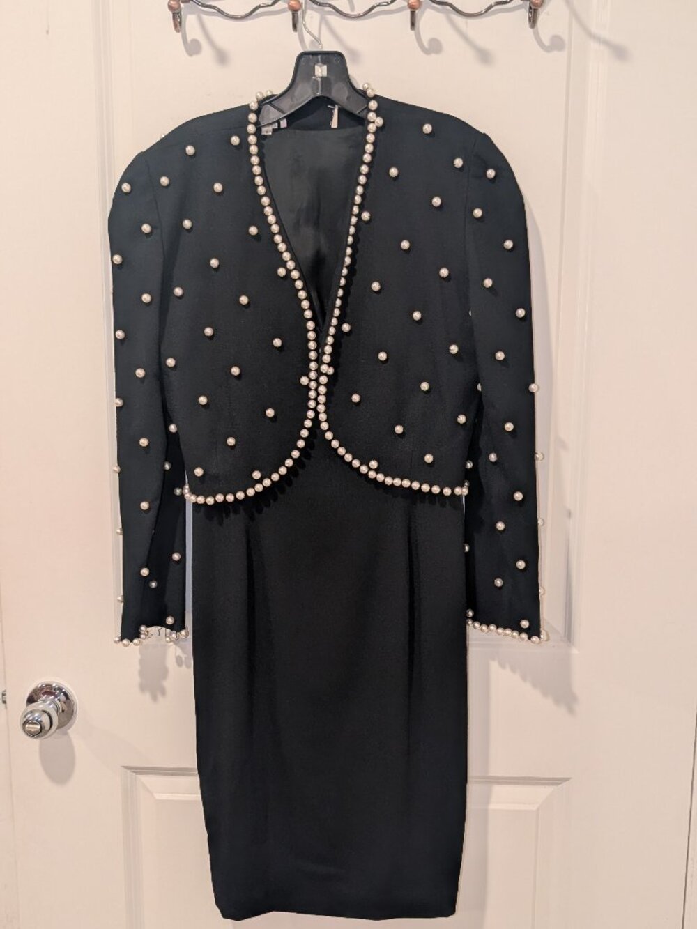 American Vintage 1980's 80's Pearl Jacket Midi Elegant Dress Set in Black
